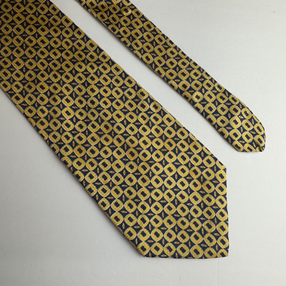 Barrington Mens Silk Necktie Gold Navy Blue Geometric Square Pattern Made in USA